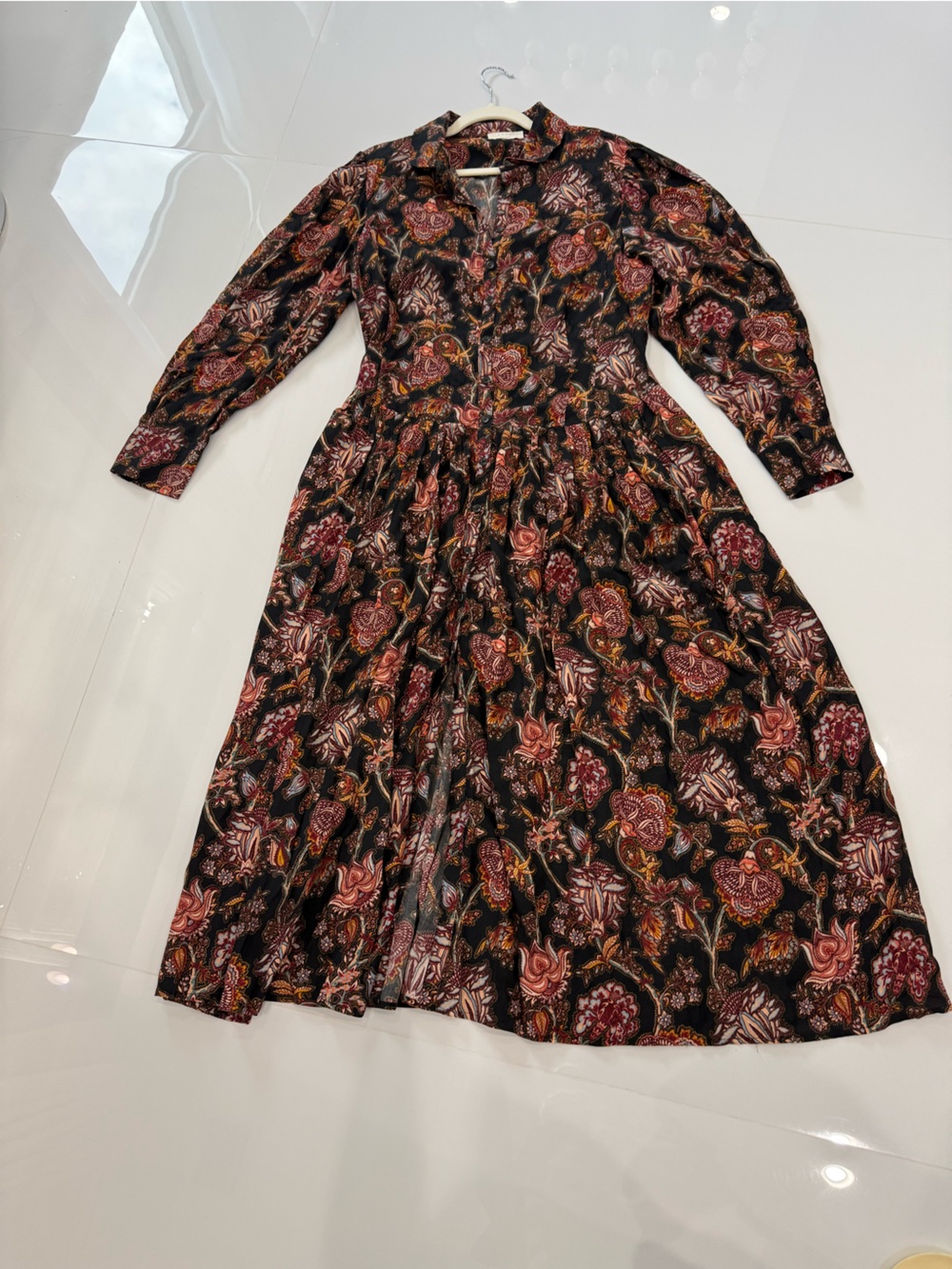 Floral Long Sleeve Midi Dress - Black with Rose Print